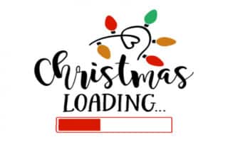 The image has the words “Christmas loading…” in playful black script. Above “Christmas”, there is a string of colourful Christmas lights, and below, a red loading bar is partially filled, suggesting Christmas is almost here. The background is white.