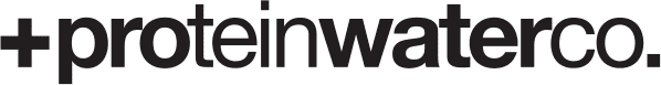 Black text on a white background reads “+proteinwaterco.” in bold, lowercase letters. A bold black plus sign is positioned to the left of the text, serving as a logo element. The font is modern and clean.