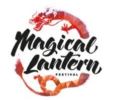 Logo for the Magical Lantern Festival featuring bold black cursive text. A stylised red dragon wraps in a circle around the words, with its head at the top left and tail at bottom right, all set against a white background.