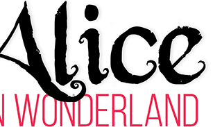The image shows the text "Alice" in large, whimsical black script, with "IN WONDERLAND" below it in smaller, bold, pink capital letters on a light grey background.
