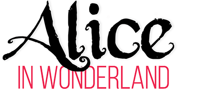 The image shows the text "Alice" in large, whimsical black script, with "IN WONDERLAND" below it in smaller, bold, pink capital letters on a light grey background.
