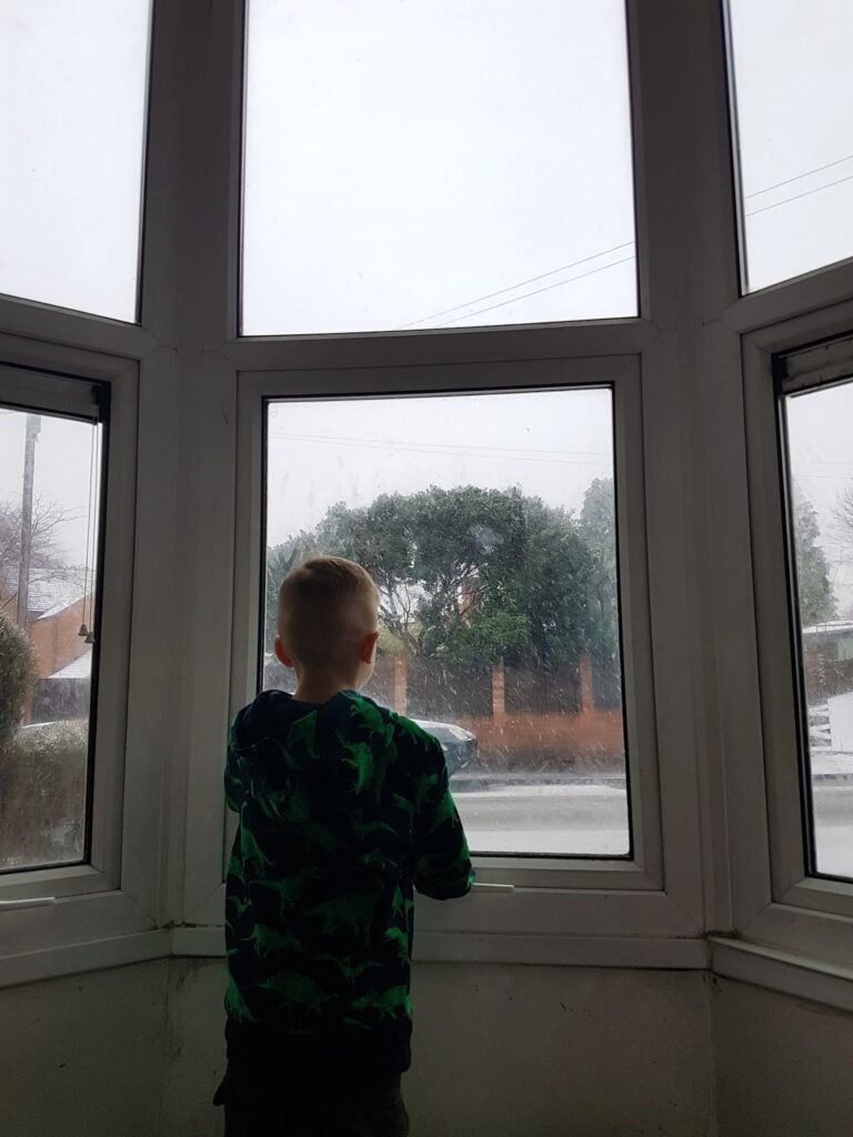A child with short blond hair, wearing a dark green and black dinosaur-patterned hoodie, stands facing a large bay window, looking outside at a snowy scene with trees and houses across the street. The indoor lighting is dim, and it feels quiet and contemplative.