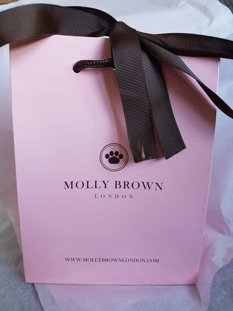 A pink gift bag with the MOLLY BROWN LONDON logo in black, featuring a paw print in a circle. The bag is tied with a brown ribbon, and the website www.mollybrownlondon.com is printed at the bottom. The background is white tissue paper.