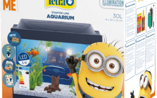 A colourful box displays a Tetra Starter Line Aquarium kit featuring a 30L tank decorated with Minions from Despicable Me. A smiling Minion waves beside the tank. The packaging highlights LED lighting, included accessories, and animated aquarium graphics.