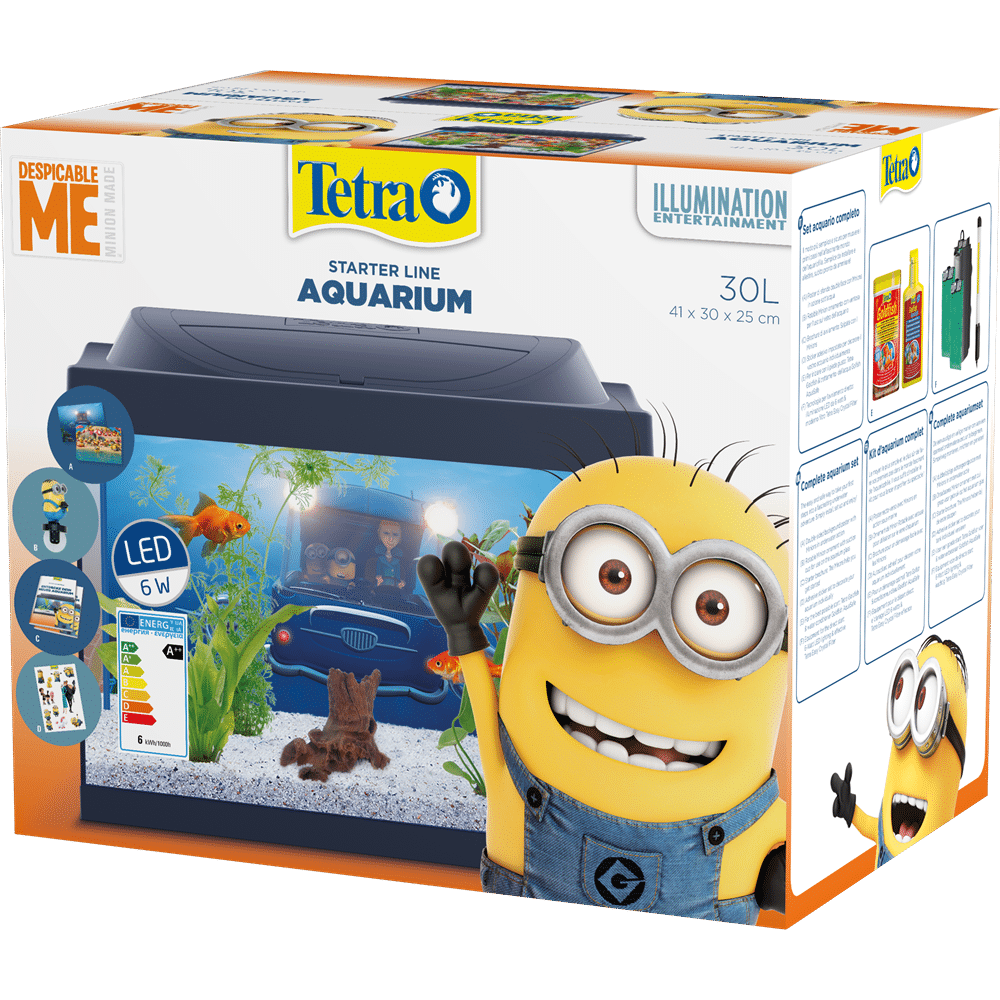 A colourful box displays a Tetra Starter Line Aquarium kit featuring a 30L tank decorated with Minions from Despicable Me. A smiling Minion waves beside the tank. The packaging highlights LED lighting, included accessories, and animated aquarium graphics.
