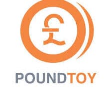 The image shows the PoundToy logo: an orange pound symbol (£) inside a circular border with two curved lines on the right, above the words “POUNDTOY.” “POUND” is in grey and “TOY” is in orange. The background is white.