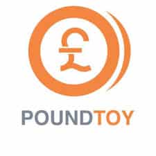 The image shows the PoundToy logo: an orange pound symbol (£) inside a circular border with two curved lines on the right, above the words “POUNDTOY.” “POUND” is in grey and “TOY” is in orange. The background is white.