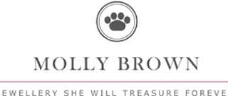 Logo for Molly Brown featuring a simple paw print inside a circle above the brand name in capital letters. Below, the tagline reads: “Jewellery She Will Treasure Forever.” There’s a thin pink line at the bottom.