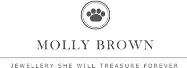 Logo for Molly Brown featuring a simple paw print inside a circle above the brand name in capital letters. Below, the tagline reads: “Jewellery She Will Treasure Forever.” There’s a thin pink line at the bottom.