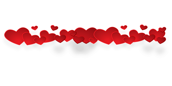 A horizontal row of various-sized red hearts scattered across a light grey background. The hearts overlap slightly and cast soft grey shadows below, giving a sense of depth and a playful, romantic atmosphere.