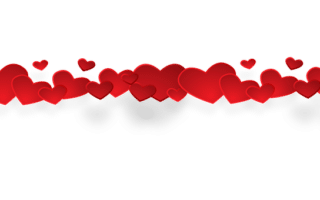 A horizontal row of overlapping red hearts of various sizes stretches across a light grey background. The hearts cast soft grey shadows below, giving a floating effect. The arrangement conveys a romantic, festive, or loving mood.