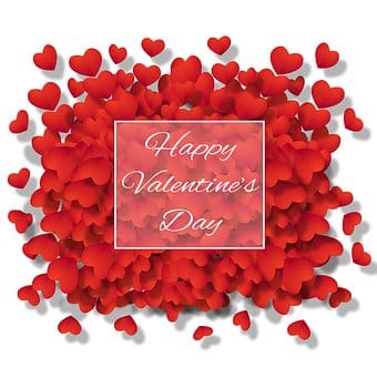 A white square with “Happy Valentine’s Day” in cursive is centred on a background filled with many overlapping red hearts of various sizes, creating a festive and romantic atmosphere. The edges are bordered by scattered, small red hearts.