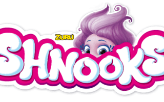 A colourful logo with “SHNOOKS” in large, puffy white and pink letters. Above the letters, a character with big blue eyes and fluffy purple hair peeks over the text. The small yellow word “ZURU” appears above the “N”.