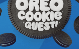 A large Oreo biscuit with the words "The Great Oreo Biscuit Quest!" in white icing is centred. Smaller Oreo biscuits surround it on a blue background. Below, text reads: "Explore Your World. Track down virtual Oreo biscuits. Unlock wonder-filled treasure!".