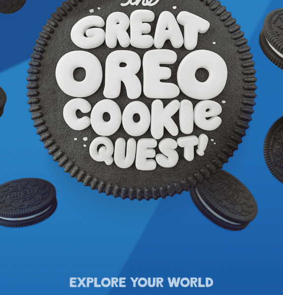 A large Oreo biscuit with the words "The Great Oreo Biscuit Quest!" in white icing is centred. Smaller Oreo biscuits surround it on a blue background. Below, text reads: "Explore Your World. Track down virtual Oreo biscuits. Unlock wonder-filled treasure!".