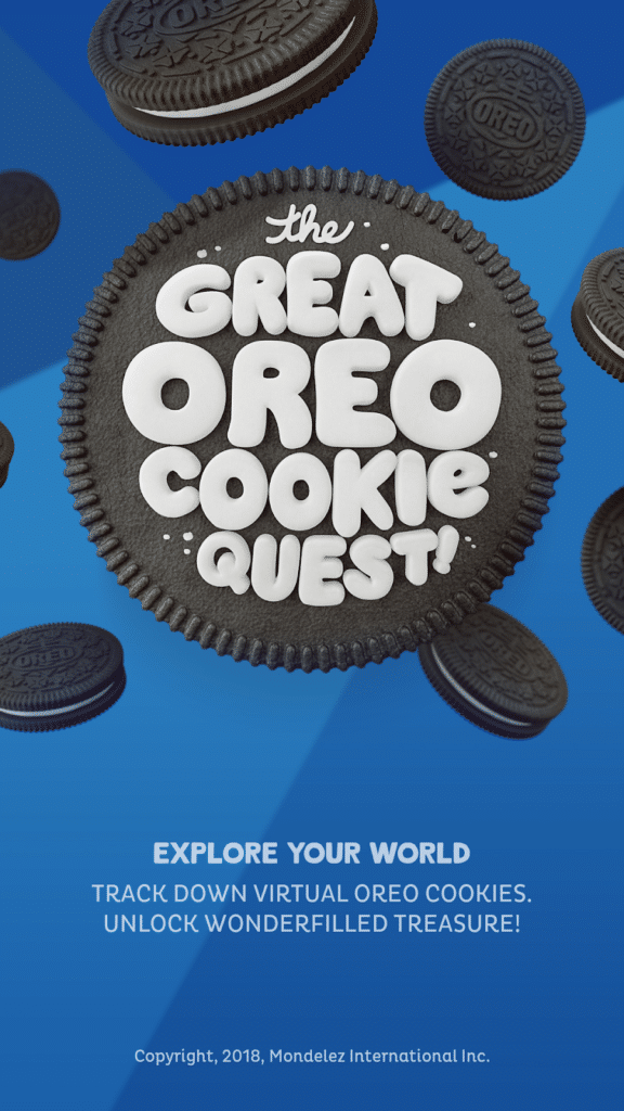 A large Oreo biscuit with the words "THE GREAT OREO BISCUIT QUEST!" written on its cream sits at the centre, surrounded by smaller Oreo biscuits on a blue background. Text below reads: "EXPLORE YOUR WORLD. Track down virtual Oreo biscuits. Unlock wonderfilled treasure!".