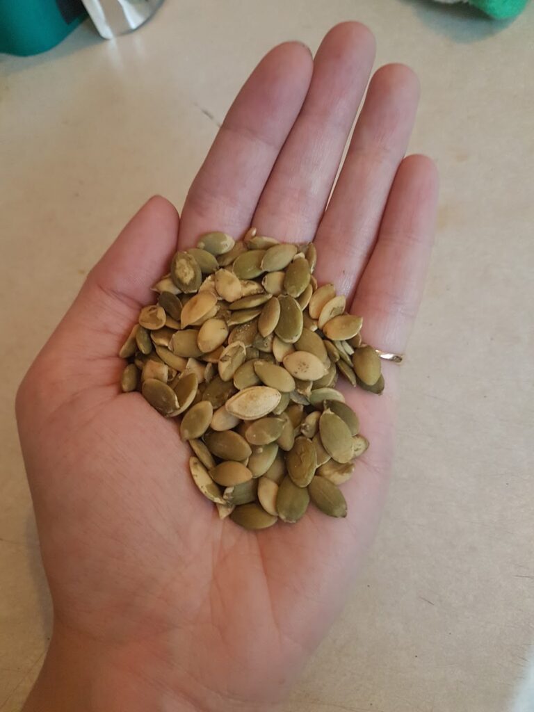 A close-up of a person's left hand holding a small pile of green pumpkin seeds. The hand is open with fingers relaxed. The background is a light, smooth surface, and part of a gold ring can be seen on the ring finger.