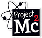 Logo featuring a black square with “Project Mc²” written on it; “Project” is in white handwritten text, “Mc” is large and white, and “2” is small and red, raised as an exponent. A black atom symbol is behind the square.