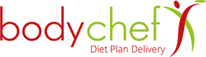 Bodychef logo with "body" in red and "chef" in green, followed by a green and red abstract figure with an outstretched arm. Below "chef," the strapline "Diet Plan Delivery" appears in red text.