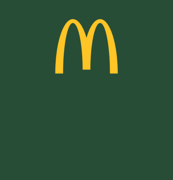 A yellow McDonald’s “M” logo is centred on a dark green background. The design is minimalist, with no other text or images present. The contrast between the bright yellow logo and the deep green background is visually striking.
