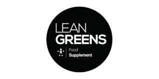 A black circle with white text reads "LEAN GREENS" in large font. Below, it says "Food Supplement" in smaller letters with a small grid of white dots to the left. The background is plain white.