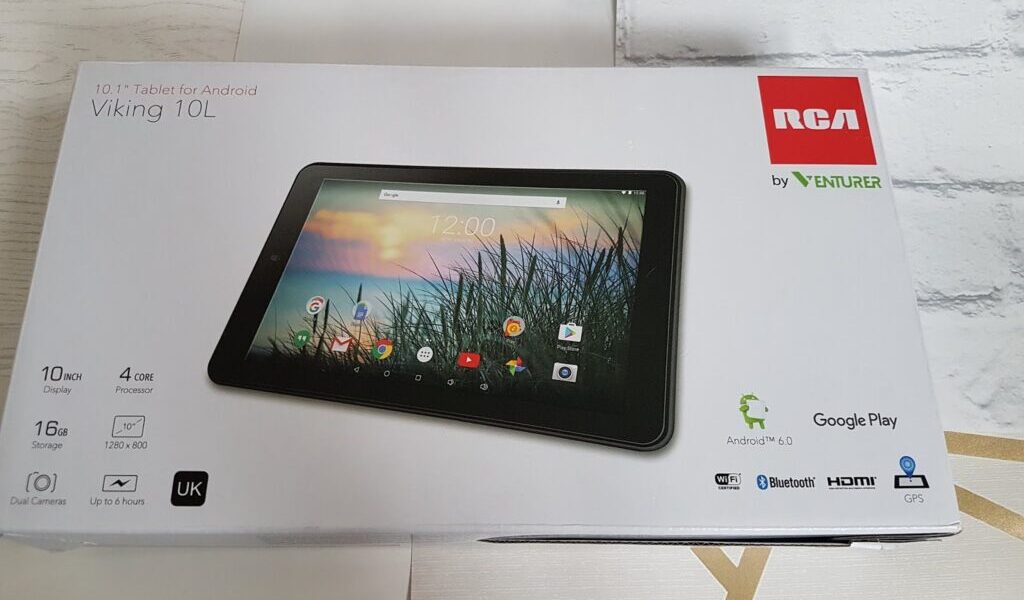 A white box displays RCA's Viking 10L tablet, showing the device with grass wallpaper on its screen. Text highlights features: 10" display, 4-core processor, 16GB storage, dual cameras, Android Go, Google Play, HDMI, Bluetooth, and GPS. UK plug indicated.
