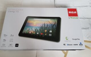 A white box displays RCA's Viking 10L tablet, showing the device with grass wallpaper on its screen. Text highlights features: 10" display, 4-core processor, 16GB storage, dual cameras, Android Go, Google Play, HDMI, Bluetooth, and GPS. UK plug indicated.