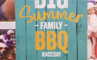 A colourful event poster with a blue background and flame icon reads: “Big Summer Family BBQ Raceday, Sunday 29 July. Official raceday programme & form guide £3.00. uttoxeter-racecourse.co.uk.” Collage photos of people enjoying outdoor activities are visible behind the text.