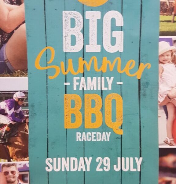 A colourful event poster with a blue background and flame icon reads: “Big Summer Family BBQ Raceday, Sunday 29 July. Official raceday programme & form guide £3.00. uttoxeter-racecourse.co.uk.” Collage photos of people enjoying outdoor activities are visible behind the text.