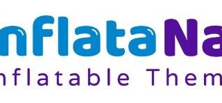 Logo for InflataNation Inflatable Theme Parks. On the left is a blue, playful, abstract figure with arms and legs raised. To the right, "InflataNation" is written with "Inflata" in blue and "Nation" in purple. Below is the strapline in purple text.