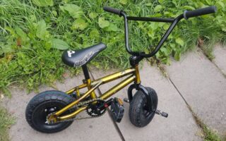 A small gold BMX bike with thick black tyres, black pedals, a black seat with a white graphic, and black handlebars is parked on a stone pavement next to overgrown green grass and leafy plants.
