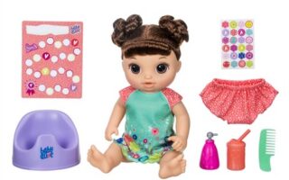 A Baby Alive doll with brown hair in bunches sits wearing a green and floral outfit. Surrounding her are a purple potty, red nappy cover, sticker sheet, reward chart, pink soap dispenser, red beaker cup, and a green comb.