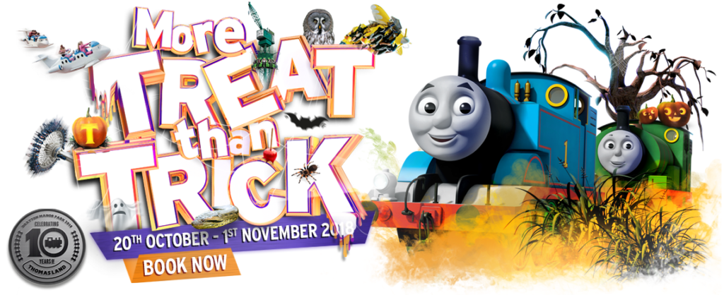 Colourful Halloween-themed banner with “More Treat than Trick” in bold text. Features smiling blue and green cartoon trains with faces (Thomas & Percy) surrounded by pumpkins, bats, spiders, and tall grass. Dates and “BOOK NOW” text shown at the bottom.