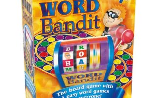 The image shows the colourful box for the board game “Word Bandit.” The cover features a cartoon thief with a mask and red mallet, next to a word reel displaying letters. Text says, “The board game with 4 easy word games for everyone!” Suitable for ages 8+.