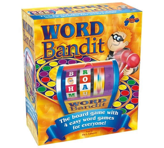The image shows the colourful box for the board game “Word Bandit.” The cover features a cartoon thief with a mask and red mallet, next to a word reel displaying letters. Text says, “The board game with 4 easy word games for everyone!” Suitable for ages 8+.