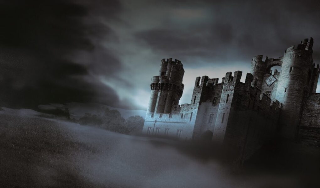A large, old stone castle with round towers stands on a foggy, grassy hill under a dark, stormy sky. The scene is dimly lit, creating a mysterious and eerie atmosphere. Thick mist partially obscures the ground and much of the structure.