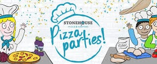 Cartoon image of three kids in chef hats making pizzas, with pizza ingredients and flour on a table. Confetti falls from above. The centre reads, "STONEHOUSE PIZZA & CARVERY Pizza parties!" in playful lettering. The scene is colourful and festive.