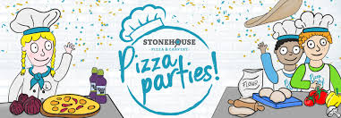 Cartoon image of three kids in chef hats making pizzas, with pizza ingredients and flour on a table. Confetti falls from above. The centre reads, "STONEHOUSE PIZZA & CARVERY Pizza parties!" in playful lettering. The scene is colourful and festive.