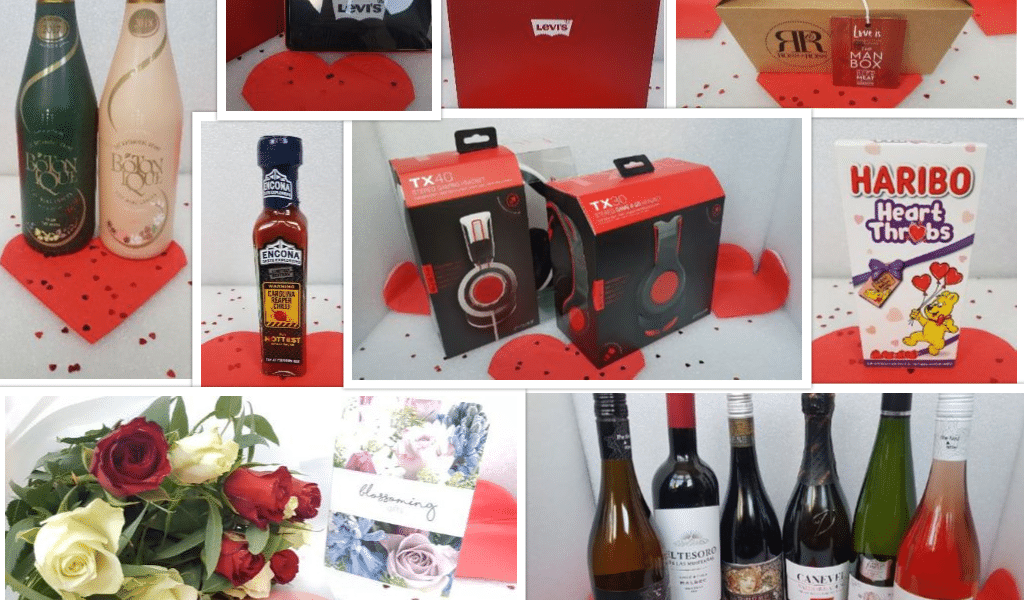 A collage shows wine bottles, a rose bouquet, headphones, a card, a box of Haribo heart-shaped sweets, a gourmet sauce bottle, and gift boxes on red and white backgrounds with heart confetti, evoking a romantic or celebratory theme.