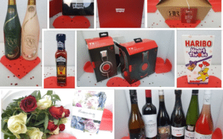 A collage shows wine bottles, a rose bouquet, headphones, a card, a box of Haribo heart-shaped sweets, a gourmet sauce bottle, and gift boxes on red and white backgrounds with heart confetti, evoking a romantic or celebratory theme.