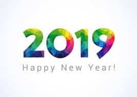 The image shows "2019" in large, bold numbers filled with a colourful, abstract pattern. Below the numbers, "Happy New Year!" is written in a thin, grey font on a white background.