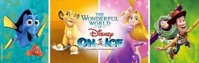 Colourful promotional image for "The Wonderful World of Disney On Ice," featuring Dory and Nemo (left), Simba (centre), Rapunzel (right centre), and Woody with Buzz Lightyear (right) on bright, themed backgrounds.