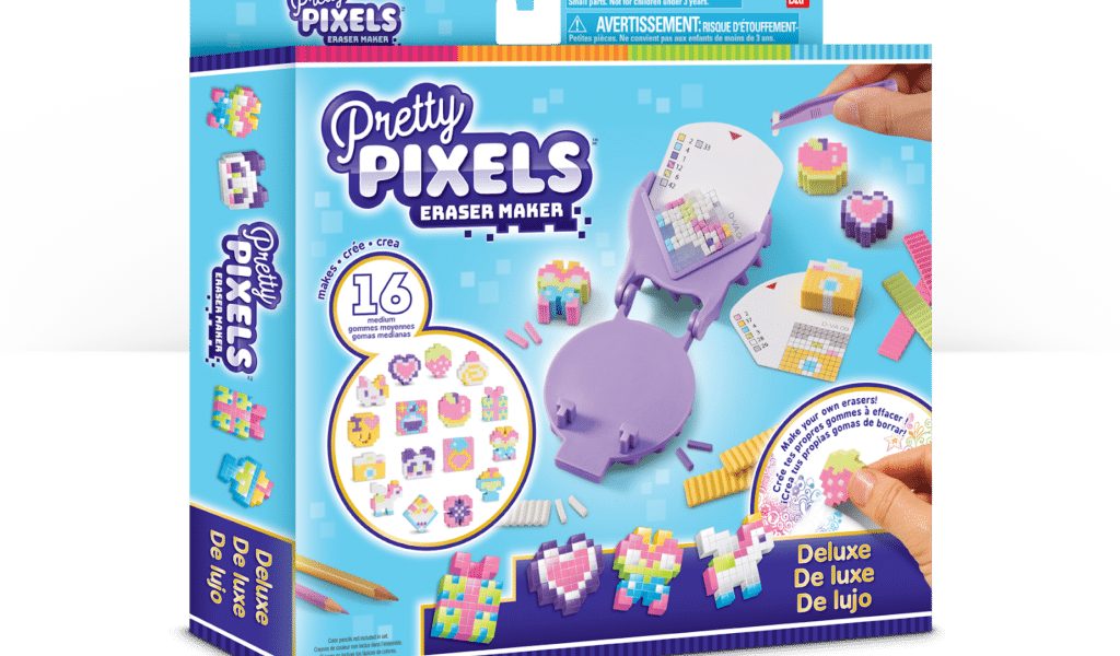 The image shows a Pretty Pixels Eraser Maker Deluxe kit box. The box is mainly purple and blue, with images of colourful pixel-style erasers, the eraser maker device, and hands assembling erasers. It states "16 designs," and includes multilingual text.
