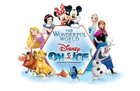 A group of Disney characters, including Mickey, Minnie, Elsa, Anna, Olaf, Simba, Timon, Rapunzel, Snow White and Dory, surround a sign that reads, “The Wonderful World of Disney On Ice.” The background is white and the characters are smiling.