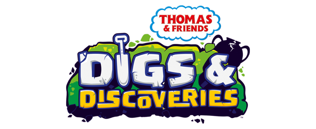 Logo for "Thomas & Friends: Digs & Discoveries." The title has bold, colourful letters with a spade in the "I," a black trophy on the right, and a cloud-shaped "Thomas & Friends" logo above green and blue blocks.