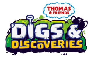 Logo for "Thomas & Friends: Digs & Discoveries." The title has bold, colourful letters with a spade in the "I," a black trophy on the right, and a cloud-shaped "Thomas & Friends" logo above green and blue blocks.