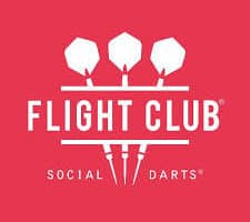 A red square logo with three white dart flights above the bold white text “FLIGHT CLUB.” Below, smaller text reads “SOCIAL DARTS.” The design emphasises darts and a social club atmosphere.