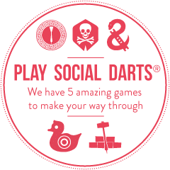A circular badge features five red icons (maze, skull, snake, duck target, bricks), the text “PLAY SOCIAL DARTS®,” and the message, “We have 5 amazing games to make your way through,” on a white background.