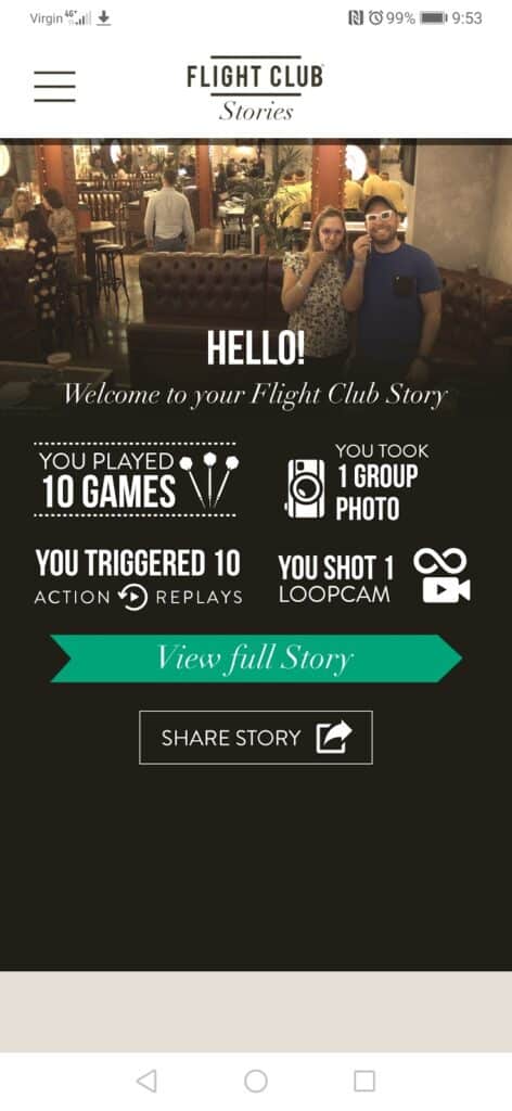 A scoreboard screen from Flight Club Stories shows two people posing for a group photo. Stats below say: 10 games played, 10 action replays triggered, 1 group photo taken, and 1 LoopCam video shot. “View full story” and “Share Story” buttons are at the bottom.