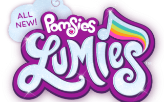 A colourful logo with the words “ALL NEW! Pomsies Lumies.” "Lumies" is written in sparkling, light blue letters outlined in purple, with a rainbow-striped musical note above the “i.” A white cloud shape highlights the phrase “ALL NEW!”.